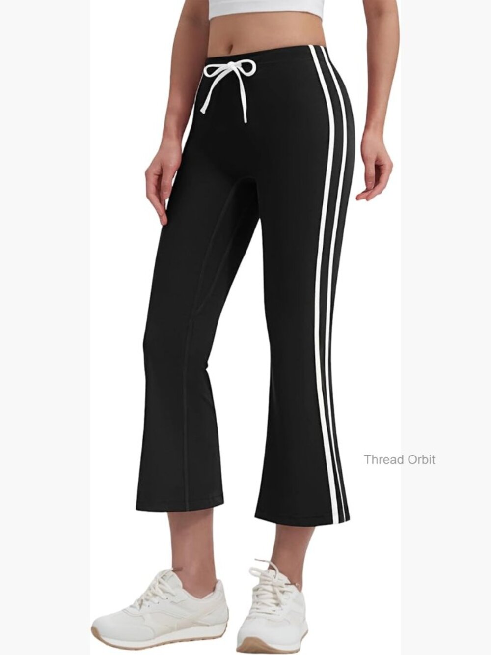 High Waisted Flare Capri Yoga Pants Side Stripe Drawstring Bootcut Cropped